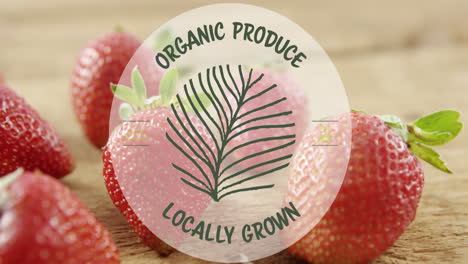 Animation-of-organic-produce-locally-grown-banner-against-close-up-of-strawberries-on-wooden-table