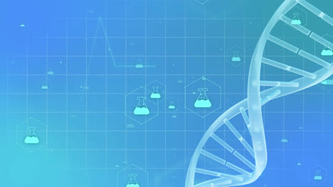 Animation-Medizinischer-Symbole-Mit-DNA-Strang-Auf-Blauem-Hintergrund