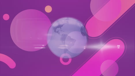 Animation-Eines-Sich-Drehenden-Globus-über-Abstrakten-Formen-Auf-Violettem-Farbverlauf-Hintergrund-Mit-Kopierraum