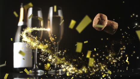 Animation-of-shooting-stars,-golden-confetti-and-corks-falling-over-champagne-bottle-and-glasses