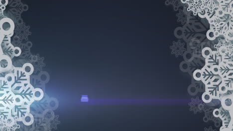Animation-of-snowflakes-pattern-against-light-spot-on-blue-background-with-copy-space