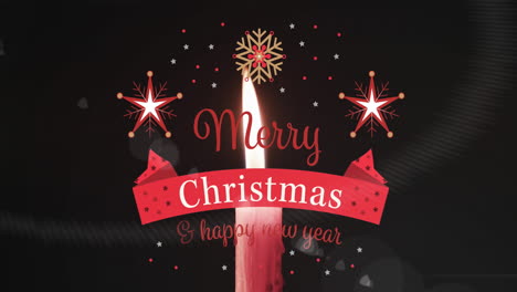 Animation-of-merry-christmas-text-and-decorations-over-lit-candle-on-black-background