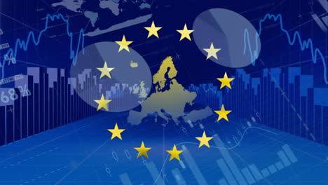 Animation-Von-Sich-Drehenden-Sternen-über-Der-EU-Karte-Vor-Statistischer-Datenverarbeitung-Auf-Blauem-Hintergrund