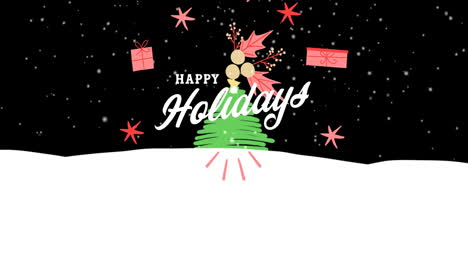 Animation-of-snow-falling-on-happy-holidays-text-banner-and-christmas-tree-icon-on-winter-landscape