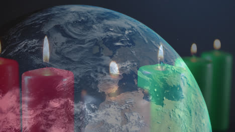 Animation-Brennender-Kerzen-über-Dem-Globus-Auf-Blauem-Hintergrund