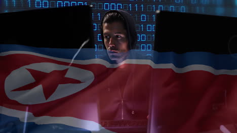 Animation-of-binary-coding-with-hacker-over-flag-of-north-korea