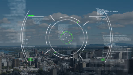 Animation-of-circles-with-computer-language-over-cityscape-against-cloudy-sky