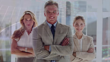 Animation-of-stock-market-data-processing-over-portrait-of-diverse-businesspeople-smiling-at-office