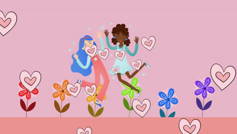 Animation-of-heart-icons-over-girls-and-flowers-icons