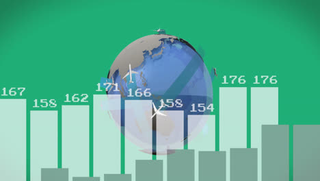 Animation-of-statistical-data-processing-and-airplane-icons-over-spinning-globe-on-green-background