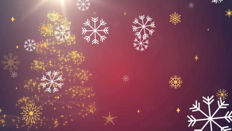 Animación-De-Copos-De-Nieve-Cayendo-Sobre-Una-Estrella-Fugaz-Formando-Un-árbol-De-Navidad-Sobre-Fondo-Rojo.