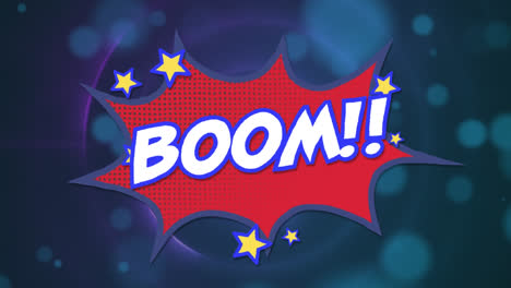 Animation-of-boom-text-over-retro-speech-bubble-on-blue-background