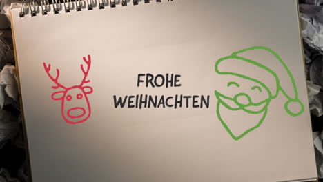 Animation-of-hand-drawing-frohe-weinhnachten-and-christmas-decorations-on-white-paper-background