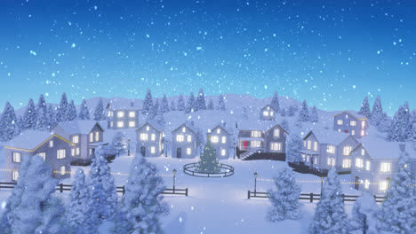 Animación-De-Nieve-Cayendo-Sobre-Casas-Iluminadas-En-Un-Paisaje-Invernal.