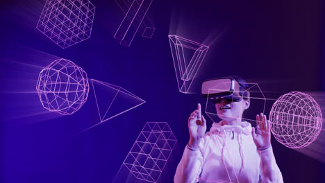 Animation-of-glowing-3d-shapes-of-data-transfer-over-asian-woman-in-vr-headset