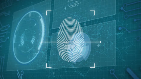 Animation-of-biometric-fingerprint-scanner-against-interface-with-data-processing