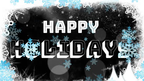 Animation-of-snowflakes-floating-over-happy-holidays-text-banner,-spots-of-light-on-black-background