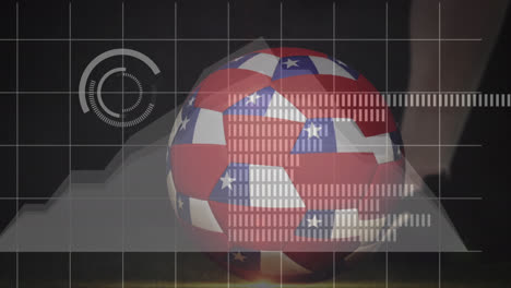 Animation-of-data-processing-and-football-with-flag-of-chile-over-soccer-player-kicking