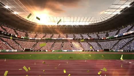Animation-of-golden-confetti-falling-against-view-of-sports-stadium