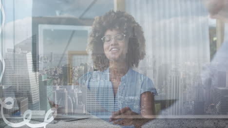 Animation-of-african-american-woman-in-office-and-cityscape