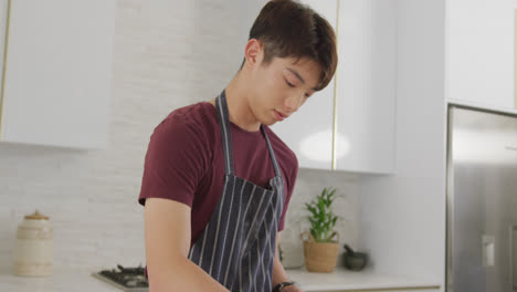 Asiatischer-Männlicher-Teenager-Bereitet-Essen-Zu-Und-Trägt-Schürze-In-Der-Küche