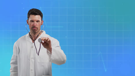 Animation-Eines-Kardiographen-Mit-Kaukasischem-Männlichen-Arzt-Mit-Stethoskop-Auf-Blauem-Hintergrund