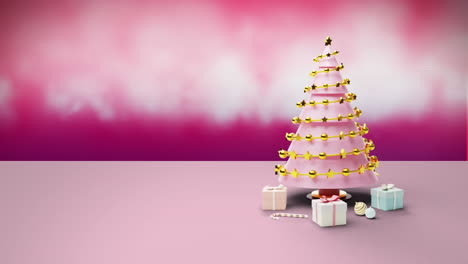 Pink-christmas-tree-and-gifts-over-pink-background-with-white-clouds,-copy-space