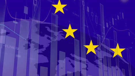 Animation-Von-Sich-Drehenden-Sternen-Auf-Der-EU-Flagge-Und-Statistischer-Datenverarbeitung-über-Dem-Globus-Auf-Blauem-Hintergrund