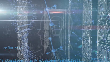 Animation-Der-Molekül--Und-DNA-Struktur,-Die-über-Bildschirme-Mit-Mikroprozessorverbindungen-Rotiert
