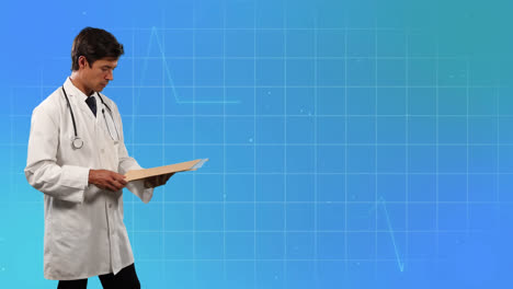 Animation-of-cardiograph-with-caucasian-male-doctor-with-clipboard-on-blue-background