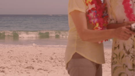 Mid-section-of-senior-couple-using-digital-camera-at-the-beach