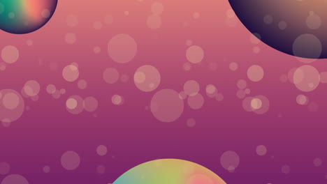 Animation-Von-Gelben-Punkten-Und-Farbverlaufskugeln-Vor-Violettem-Farbverlaufshintergrund-Mit-Kopierraum