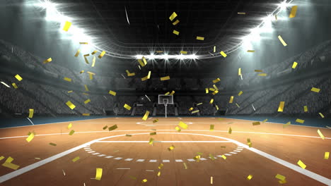 Animation-of-golden-confetti-falling-against-view-of-basketball-court