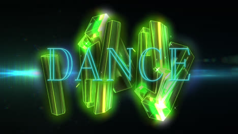 Animation-of-dance-text-over-3d-abstract-pattern-against-lens-flares-on-black-background