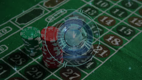 Animation-of-ticking-clock-and-shining-stars-against-stack-of-casino-poker-chips-on-a-table