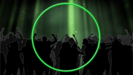 Animation-of-glowing-green-circle-and-people-dancing-on-green-background
