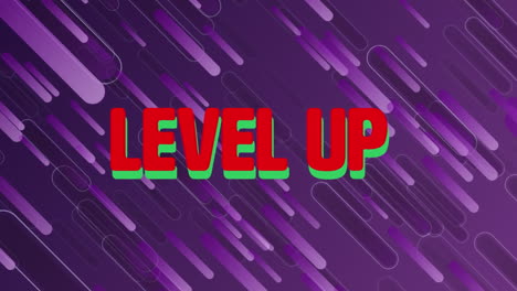 Animation-of-level-up-text-banner-over-lines-falling-in-seamless-pattern-against-purple-background