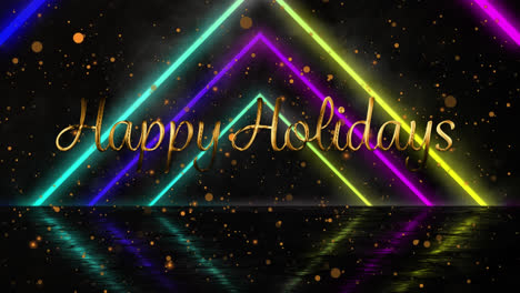 Animation-of-happy-holidays-text-over-neon-shapes-and-light-spots-on-black-background