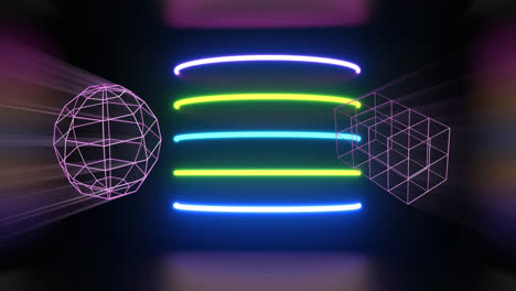 Animation-Von-3D-Formen,-Die-Sich-über-Neonlichtspuren-Bewegen