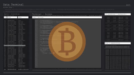 Animation-of-bitcoin-over-data-processing-on-black-background