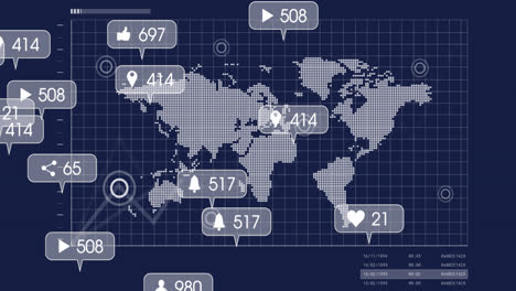Animación-De-íconos-De-Redes-Sociales-Y-Procesamiento-De-Datos-Sobre-El-Mapa-Mundial-Y-Fondo-Azul