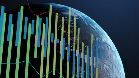 Animation-of-statistics-and-data-processing-over-earth-globe-on-blue-background