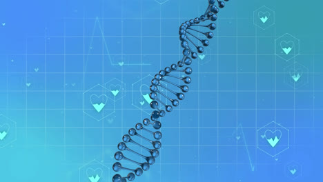 Animation-Von-Medizinischen-Symbolen-Und-DNA-Strang-Auf-Blauem-Hintergrund