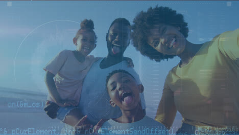 Animation-of-connections-over-happy-african-american-family-taking-funny-selfie