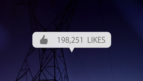 Animation-of-like-icon-with-increasing-numbers-on-a-speech-bubble-against-network-towers