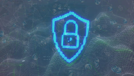Animation-of-neon-security-padlock-icon-and-digital-waves-against-blue-background