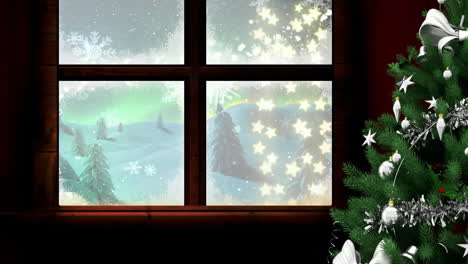 Animation-of-window-and-christmas-tree-over-fairy-lights-and-winter-landscape