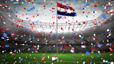 Animation-Von-Buntem-Konfetti,-Das-über-Die-Wehende-Kroatische-Flagge-Vor-Einem-Sportstadion-Fällt