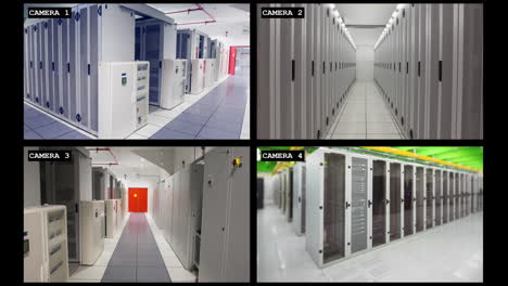 Four-security-camera-views-of-business-computer-server-room-interiors,-slow-motion