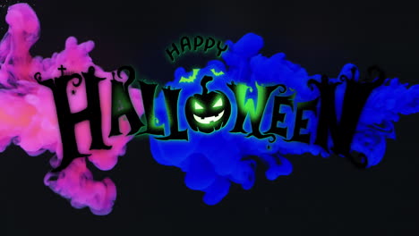 Animation-of-happy-halloween-text-and-blue-and-pink-smoke-on-black-background